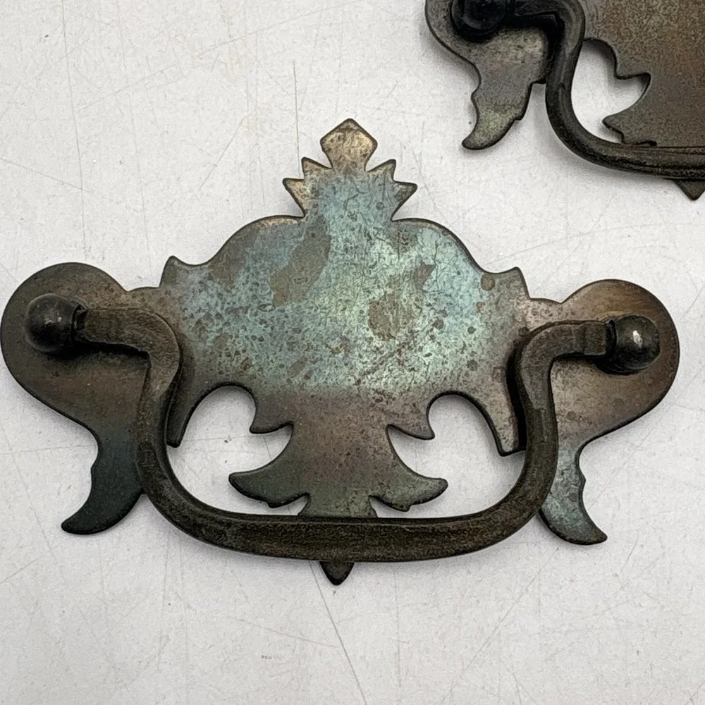 Vintage Drawer Pulls Set 3 Brass Patina Handles 2 Large 1 Small